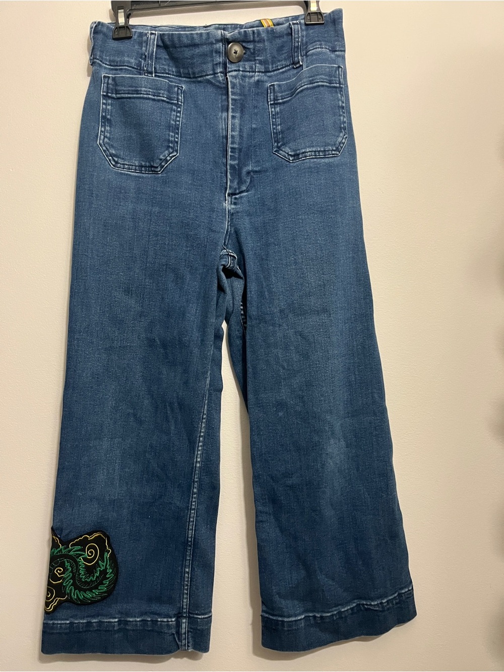 Maeve Blue Wide-Leg Jeans with Green Dragon Patch